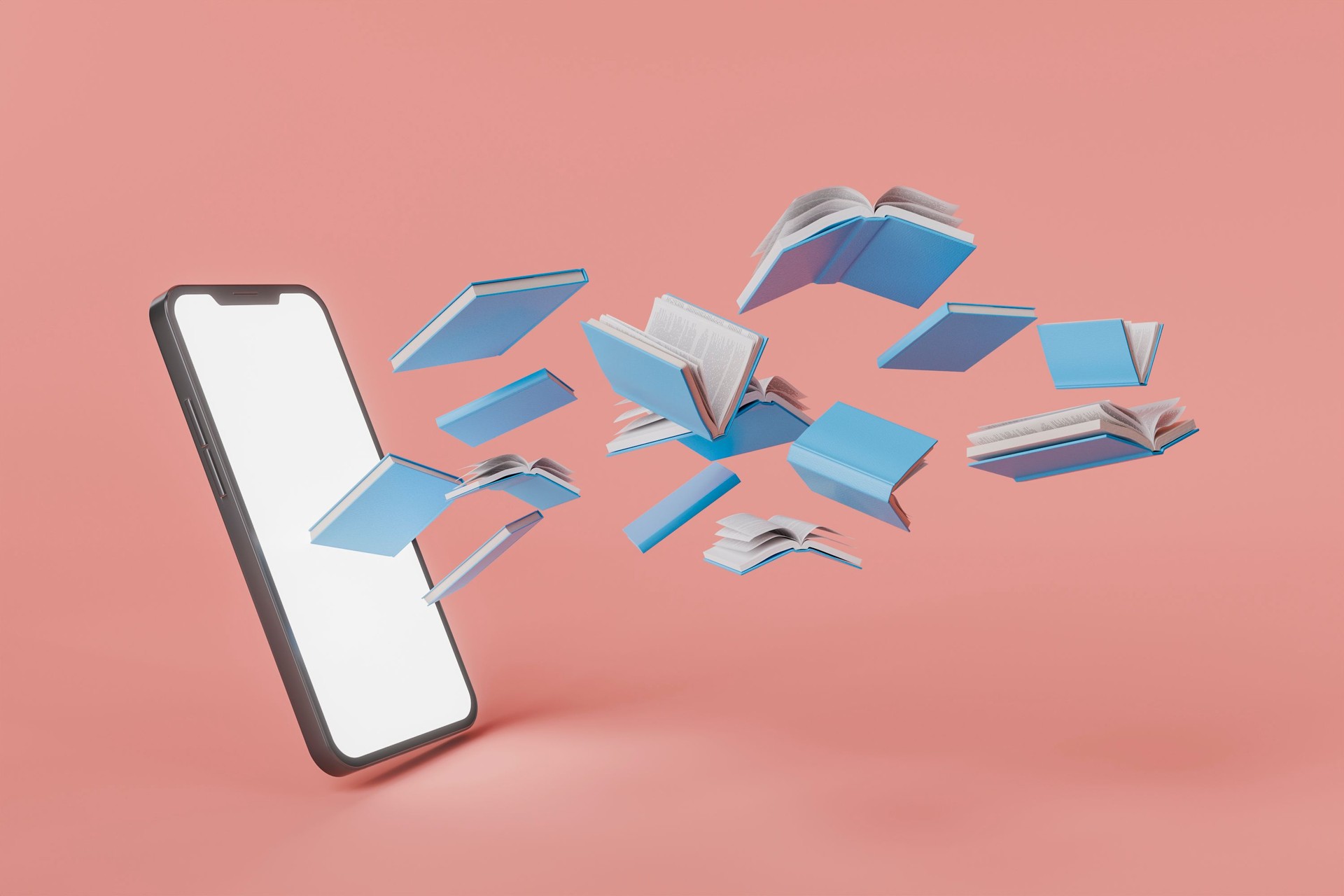 Flying Blue Books from Smartphone on Red Background